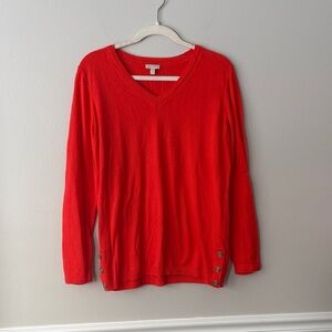 Talbots Bright Orange V-Neck Sweater With Button Detail